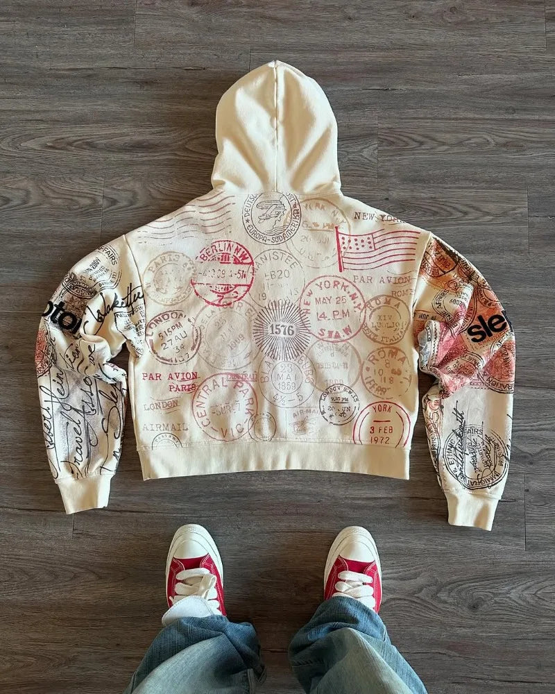 Passport Stamps Y2K Graphic Zip Up Hoodie