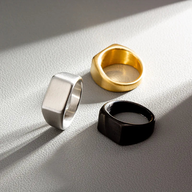 Three Ring Rectangular Plain Slim Rectangle Signet Ring