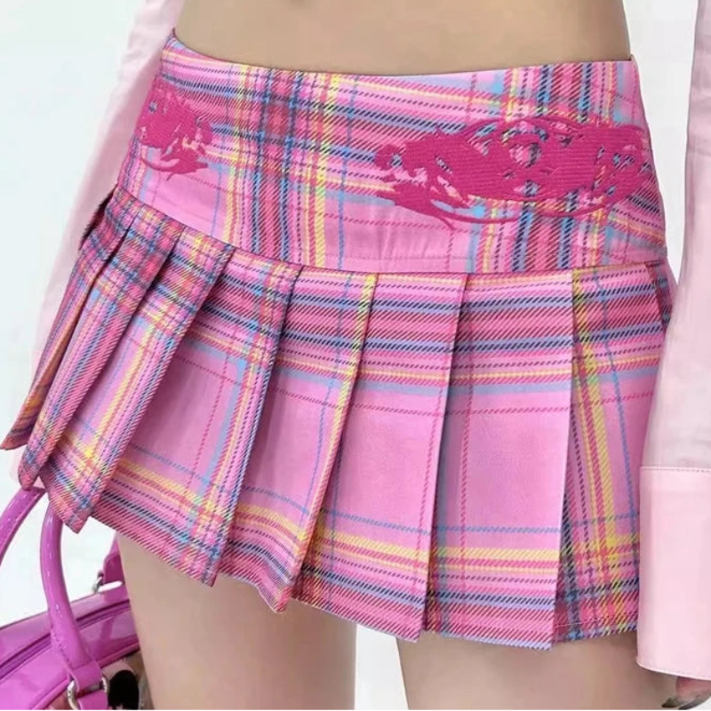 Preppy Y2K Pink Plaid Pleated Mini Skirt
