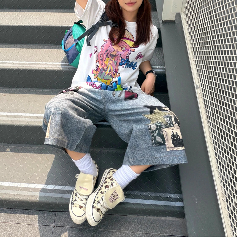 Print Y2K Persi Patchwork Washed Wide Leg Denim Shorts Jorts