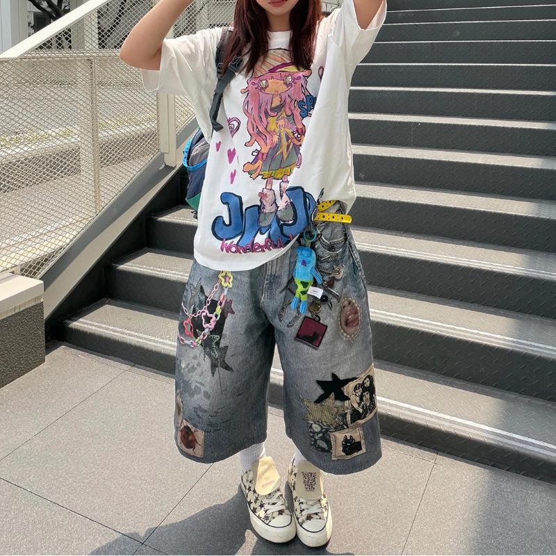 Print Y2K Persi Patchwork Washed Wide Leg Denim Shorts Jorts