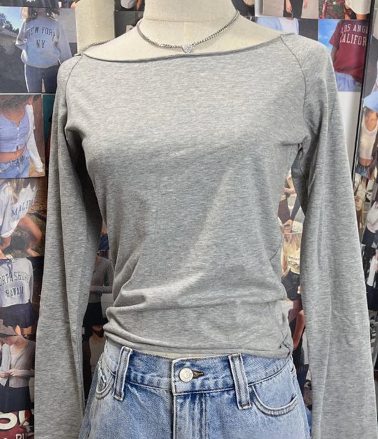 Raw Hem Y2K Slim Cropped Long Sleeve Top