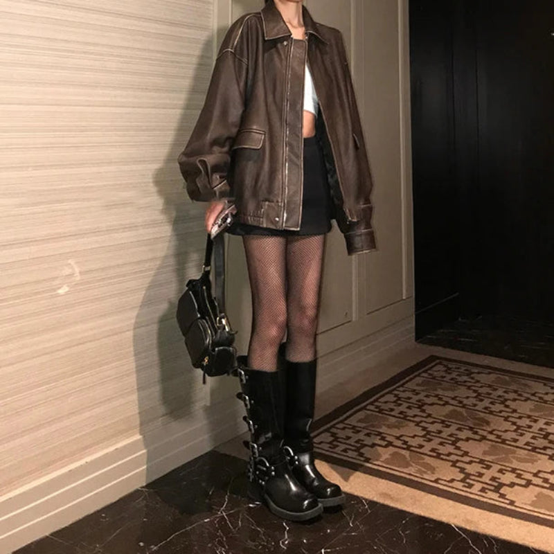 Retro Y2K Oversized Distressed Brown Faux Leather Jacket