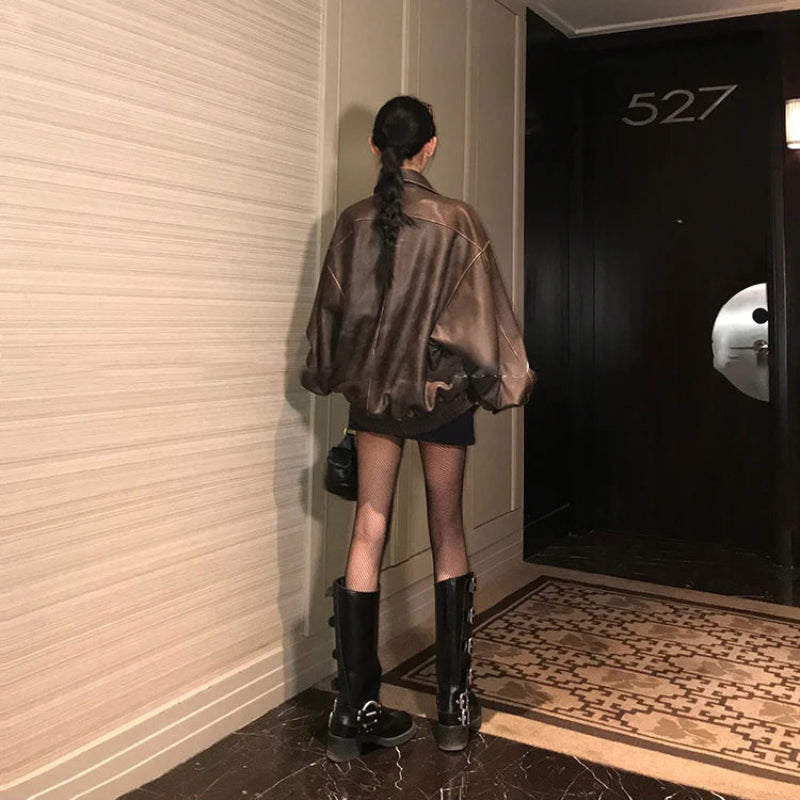 Retro Y2K Oversized Distressed Brown Faux Leather Jacket
