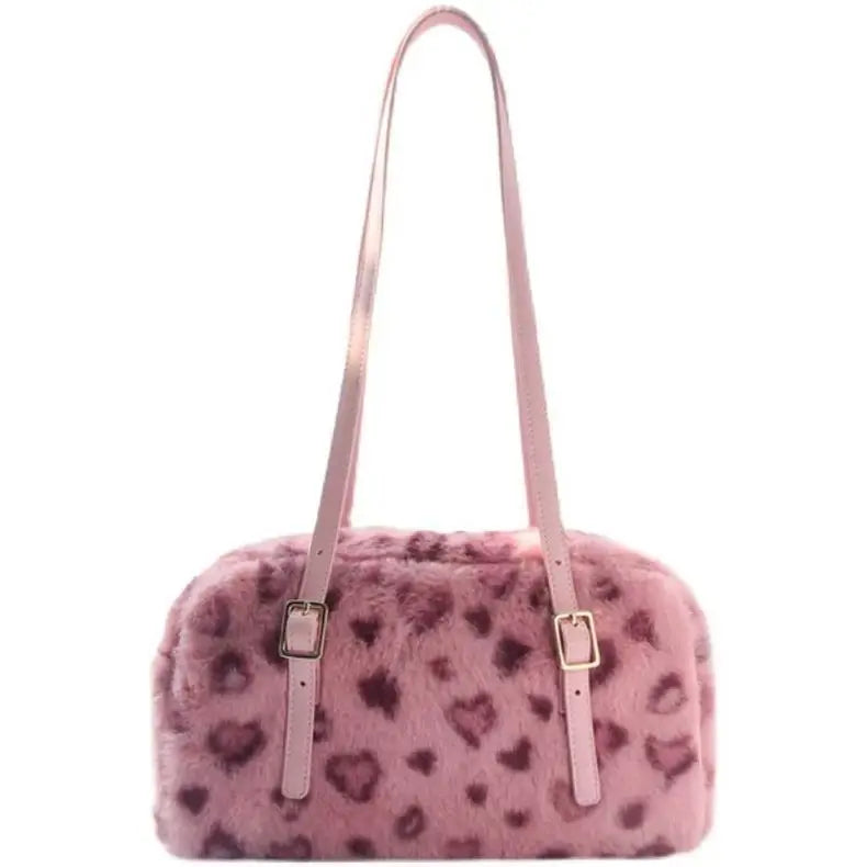 Y2K Furry Pink Leopard Print Plush Shoulder Handbag
