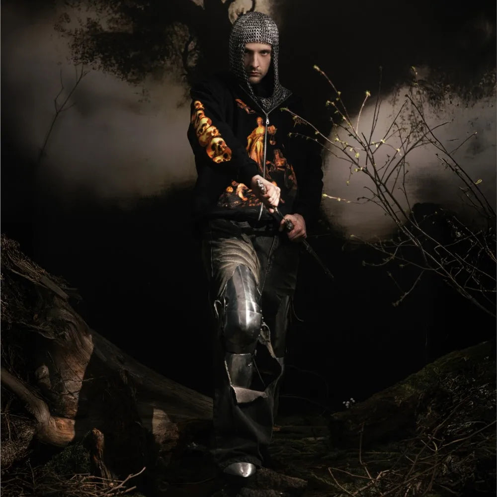 Sanctimonial Justice Y2K Print Zip Up Hoodie