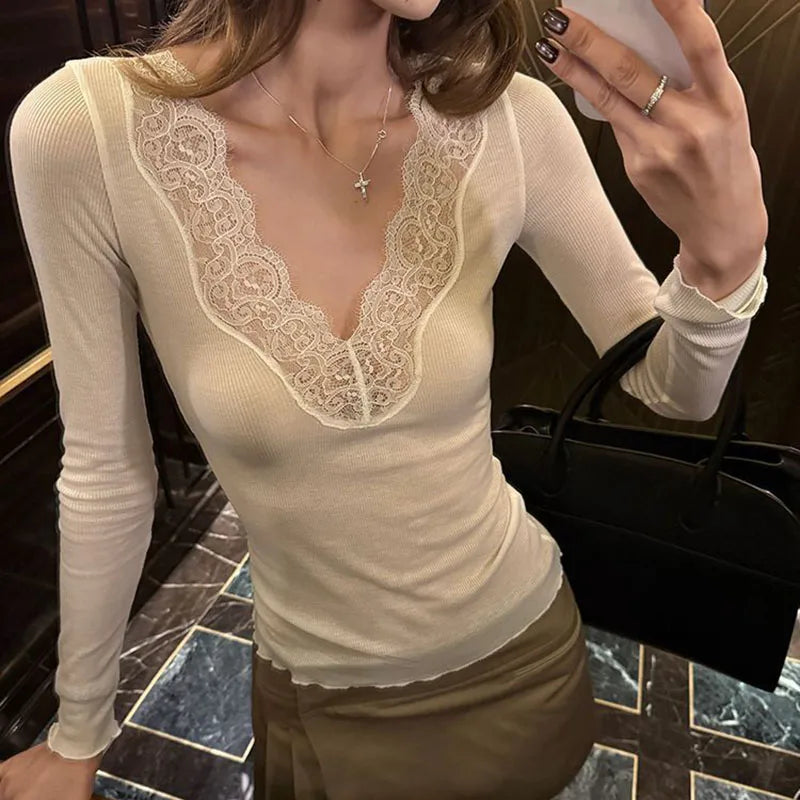 Sexy Y2K Low Cut Lace Trim Top