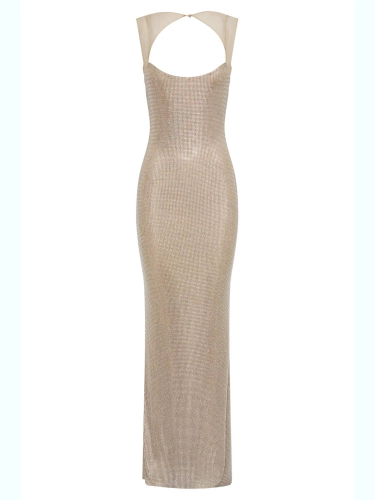 Sexy Y2K Square Collar Mesh Rhinestone Diamond Backless Maxi Dress
