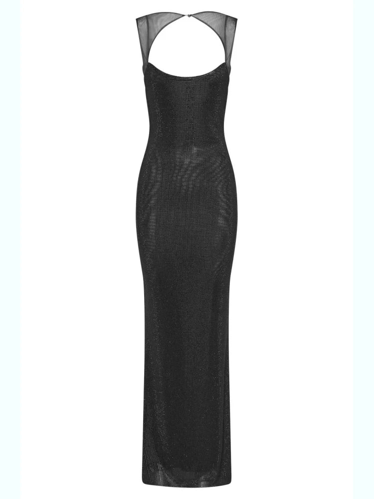Sexy Y2K Square Collar Mesh Rhinestone Diamond Backless Maxi Dress