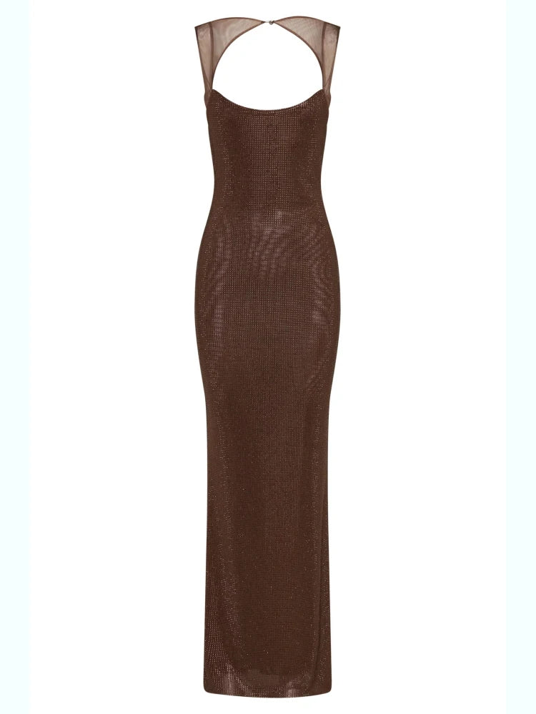 Sexy Y2K Square Collar Mesh Rhinestone Diamond Backless Maxi Dress