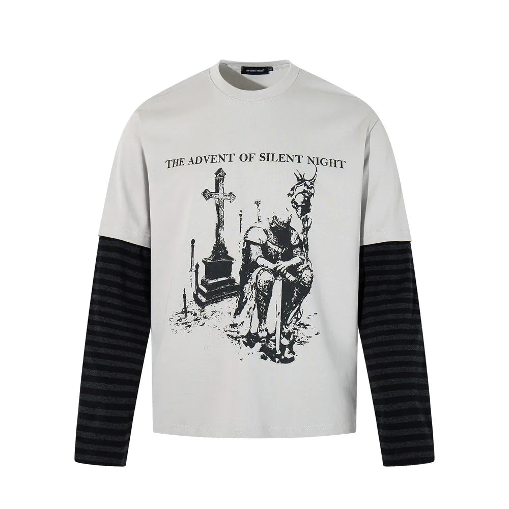 "Silent Knight" Graphic Y2K Mock Layered Long Sleeve Top