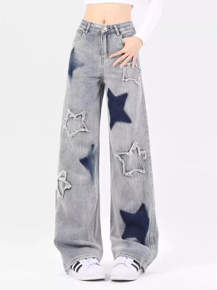 Star Design Y2K Embroidered Denim Low Waist Wide Leg Baggy Jeans