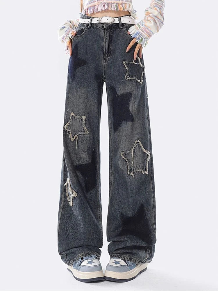 Star Design Y2K Embroidered Denim Low Waist Wide Leg Baggy Jeans