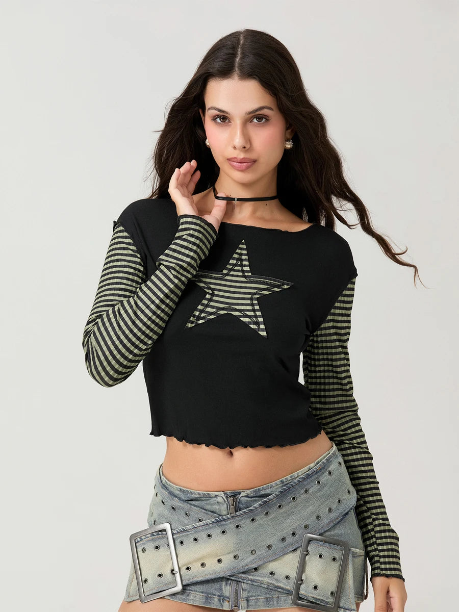 Striped Y2K Star Graphic Cropped Long Sleeve Top