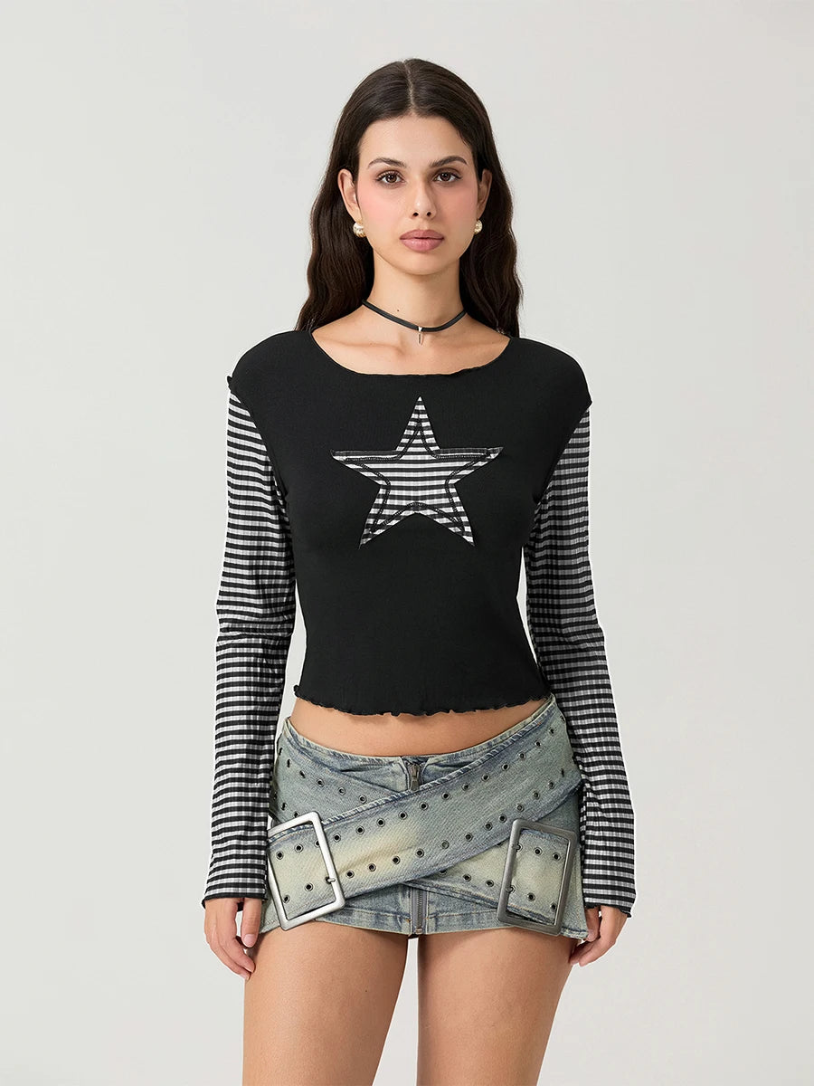 Striped Y2K Star Graphic Cropped Long Sleeve Top