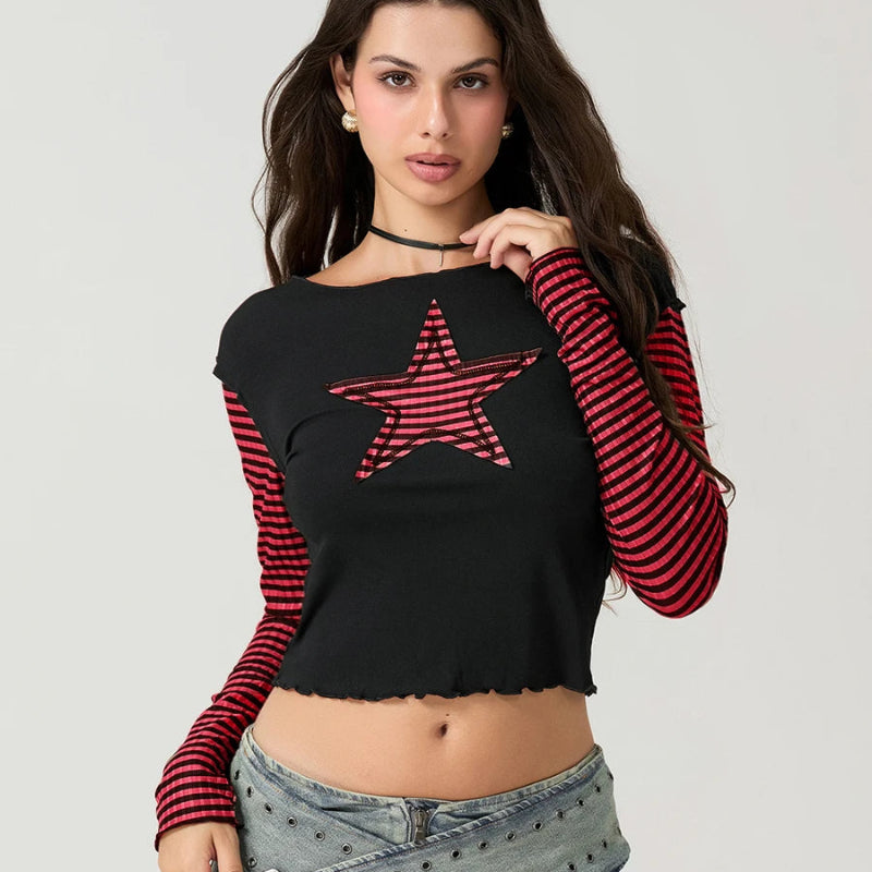 Striped Y2K Star Graphic Cropped Long Sleeve Top