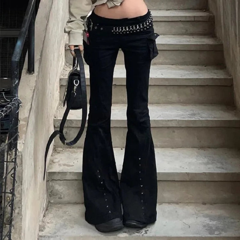 Studded Y2K Gothic Black High Waist Flare Jeans