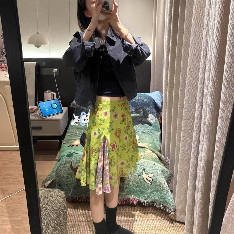 Sweet Green Y2K Vintage High Waist Floral Midi Skirt