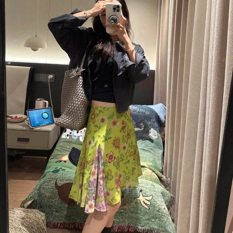 Sweet Green Y2K Vintage High Waist Floral Midi Skirt
