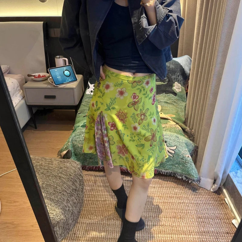 Sweet Green Y2K Vintage High Waist Floral Midi Skirt