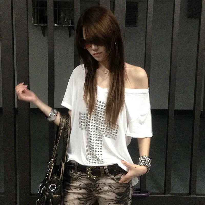 Trashy Grunge Y2K Metal Cross Graphic V Neck T Shirt