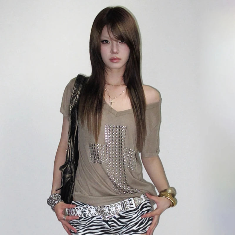 Trashy Grunge Y2K Metal Cross Graphic V Neck T Shirt