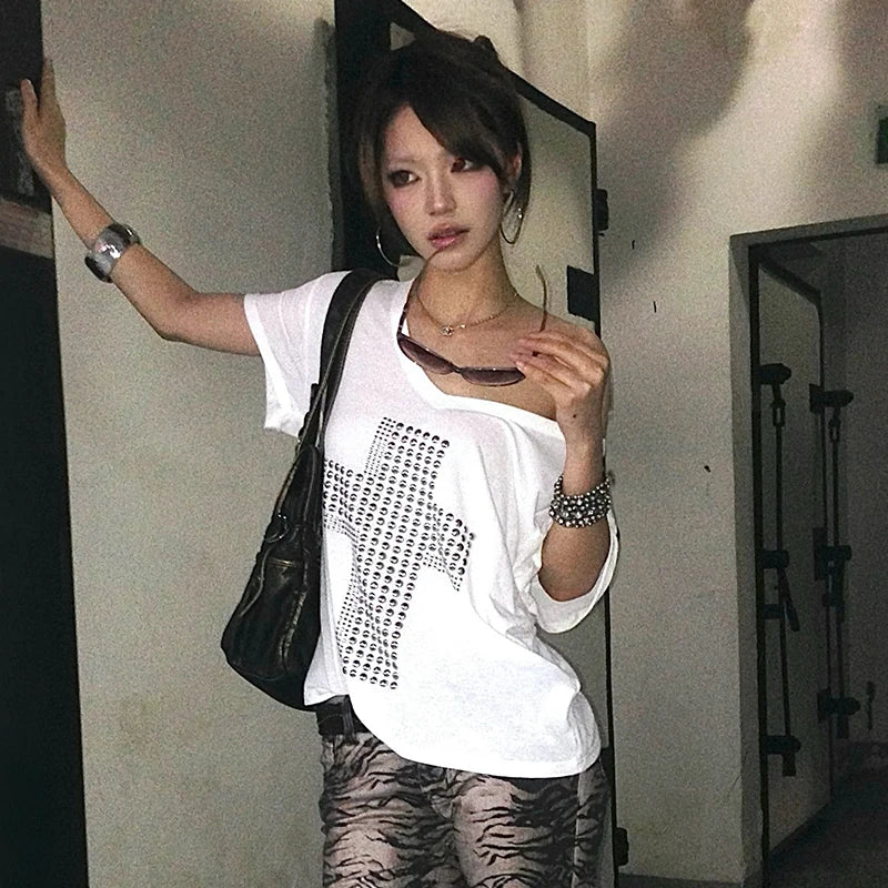 Trashy Grunge Y2K Metal Cross Graphic V Neck T Shirt