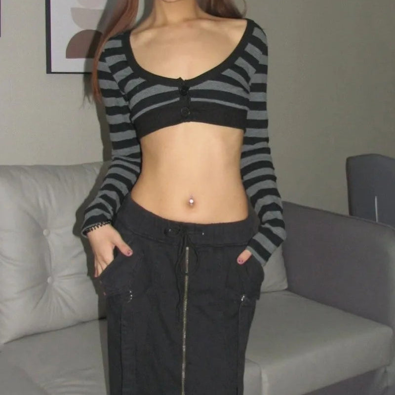 Trashy Y2K Striped Low Cut Long Sleeve Crop Top