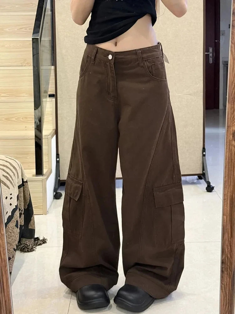 Vintage Brown Y2K Wide Leg Cargo Jeans