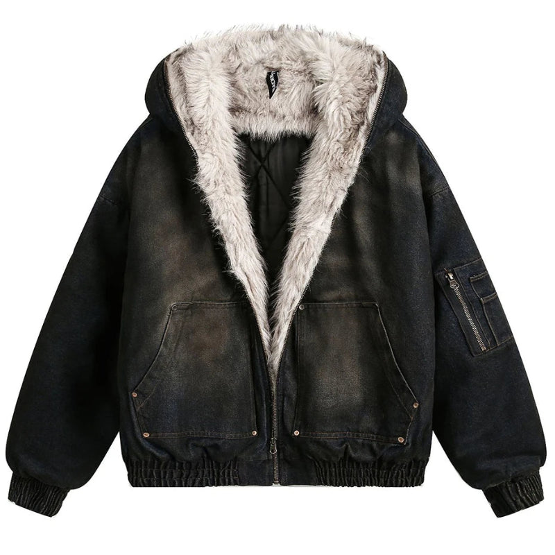 Vintage Denim Y2K Faux Fur Parka Padded Jacket Coat