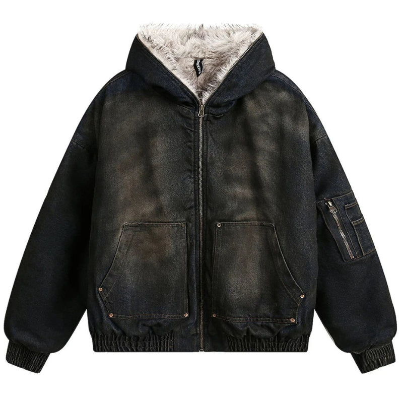 Vintage Denim Y2K Faux Fur Parka Padded Jacket Coat