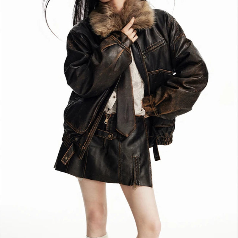 Vintage Distressed Y2K Brown Faux Leather and Fur Jacket