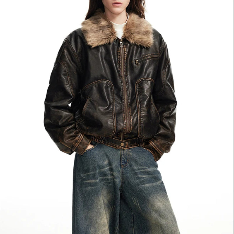 Vintage Distressed Y2K Brown Faux Leather and Fur Jacket