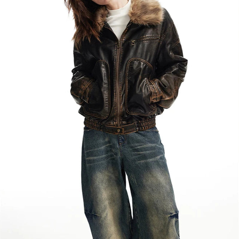 Vintage Distressed Y2K Brown Faux Leather and Fur Jacket