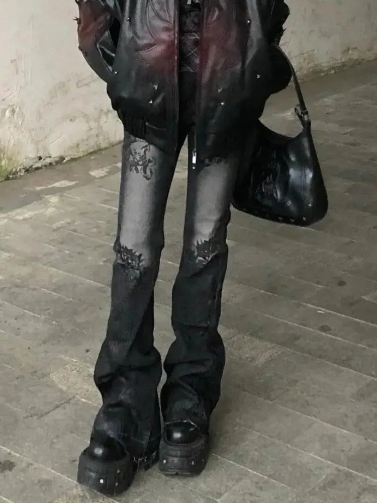 Vintage Gothic Y2K Low Waist Floral Embroidered Jeans