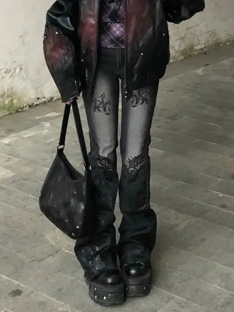Vintage Gothic Y2K Low Waist Floral Embroidered Jeans