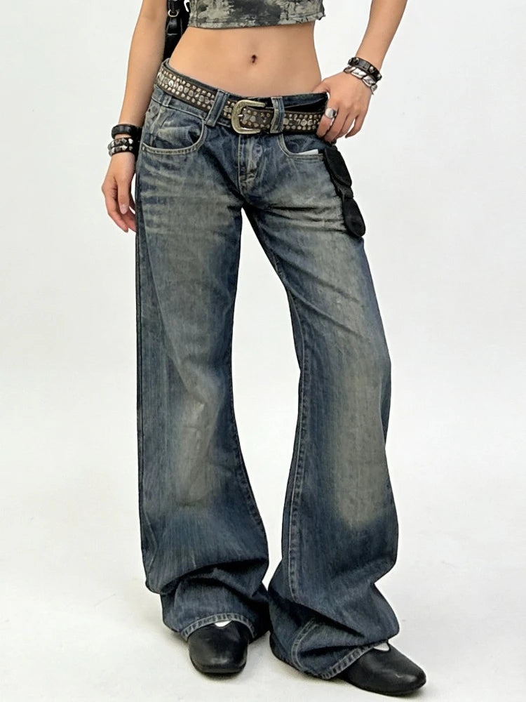 Vintage Womens Y2K Wide Leg Washed Low Waist Denim Jeans