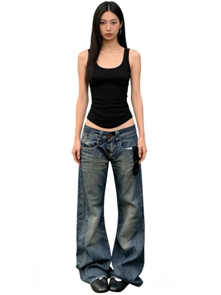 Vintage Womens Y2K Wide Leg Washed Low Waist Denim Jeans