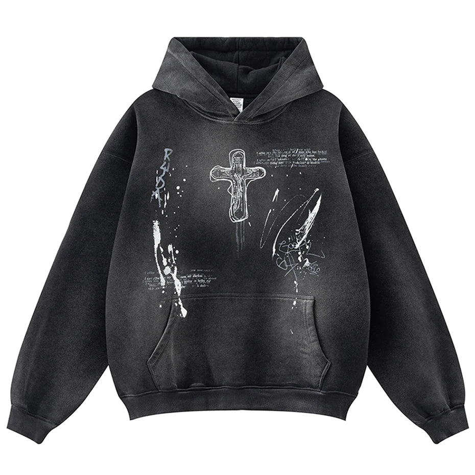 Vintage Y2K Cross Graphic Distressed Baggy Hoodie