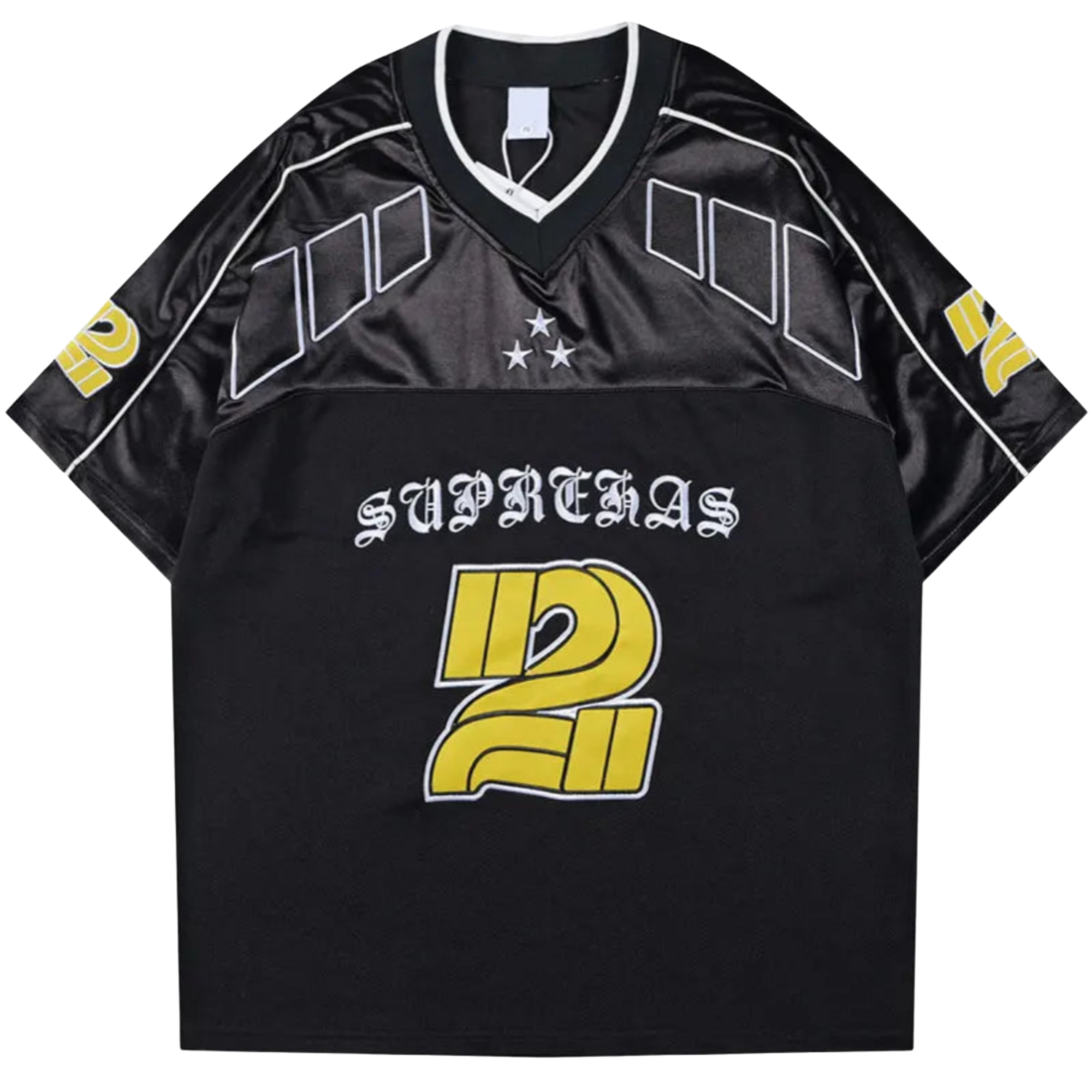 Black sports jersey with yellow and white text and graphics on a white background