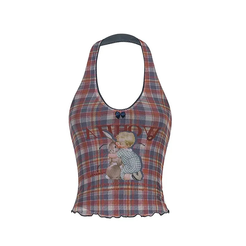 Vintage Y2K Mesh Plaid Halter Top