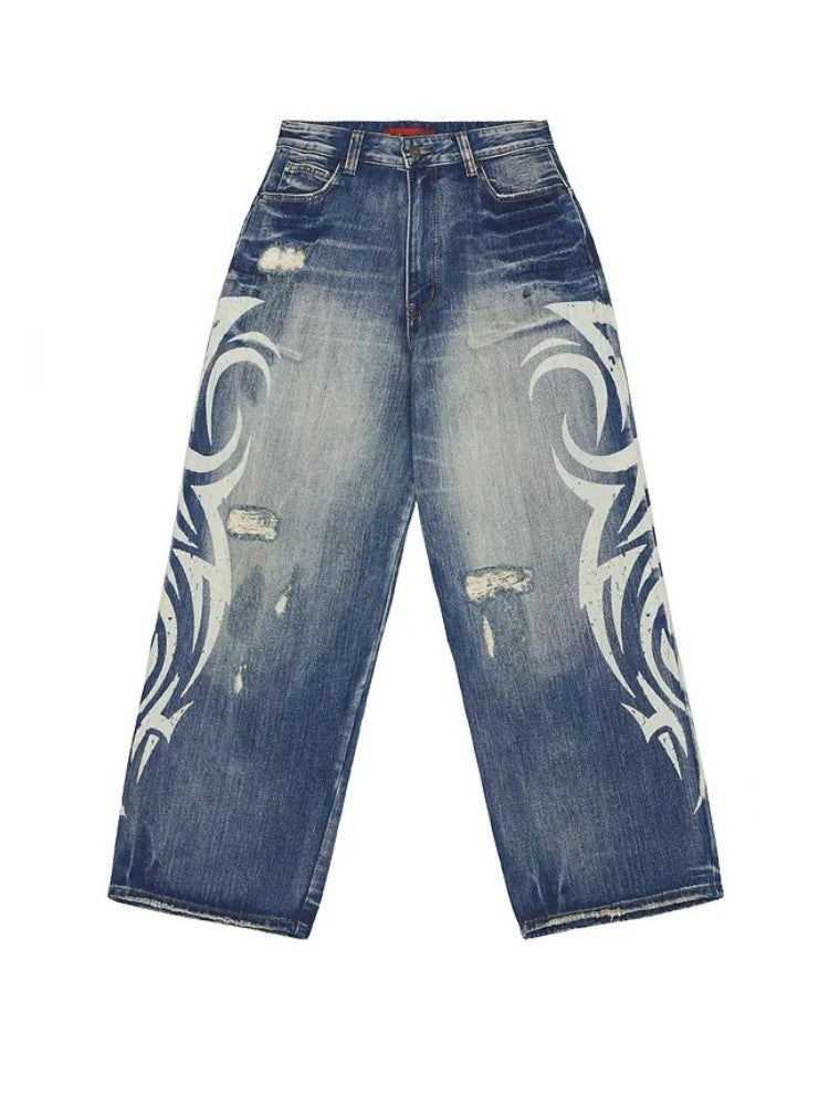Vintage Y2K Ripped Tribal Graphic Baggy Jeans
