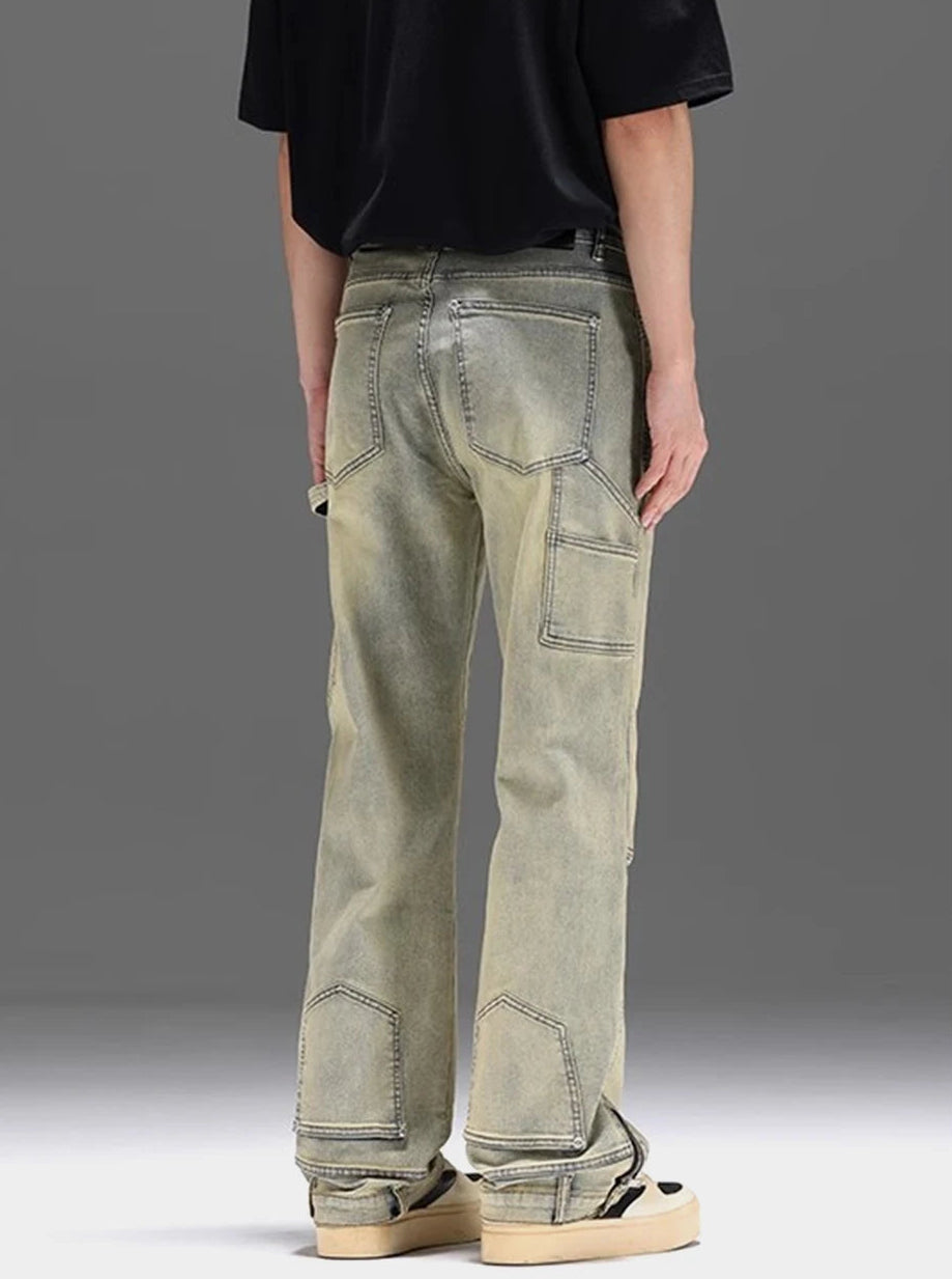 Washed Y2K Double Knee Denim Flared Carpenter Jeans