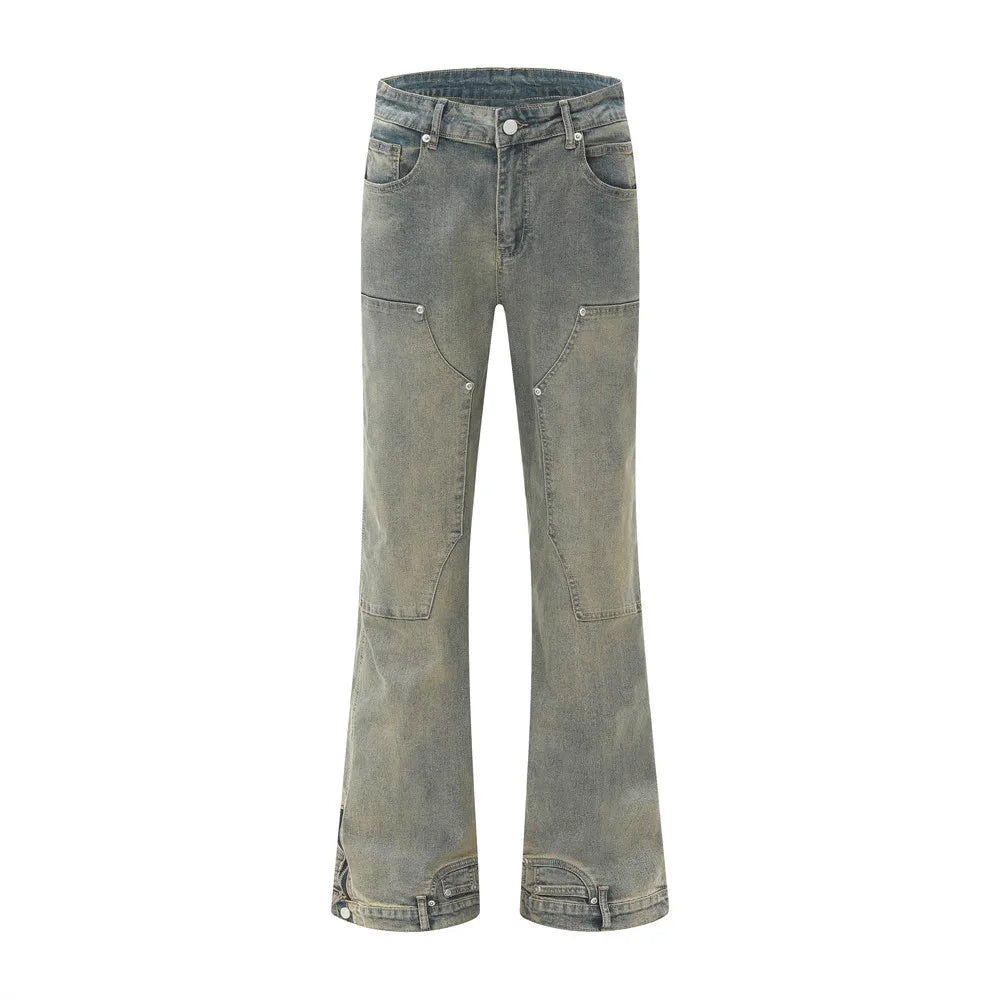 Washed Y2K Double Knee Denim Flared Carpenter Jeans