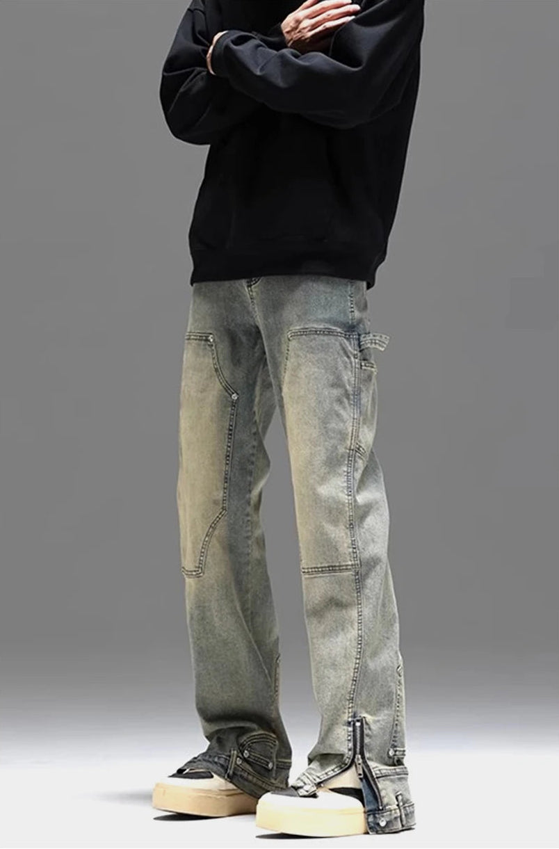 Washed Y2K Double Knee Denim Flared Carpenter Jeans