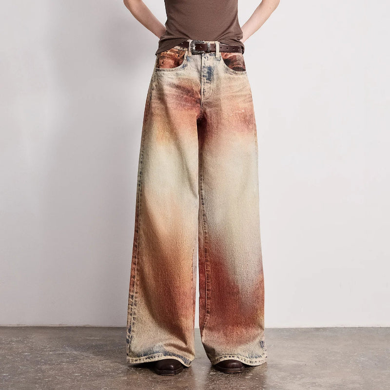 Wasteland Style Y2K Mid Waist Baggy Printed Jeans