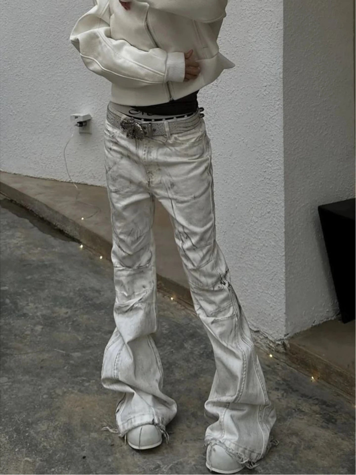 White Y2K Street Style Tie Dye Flared Jeans