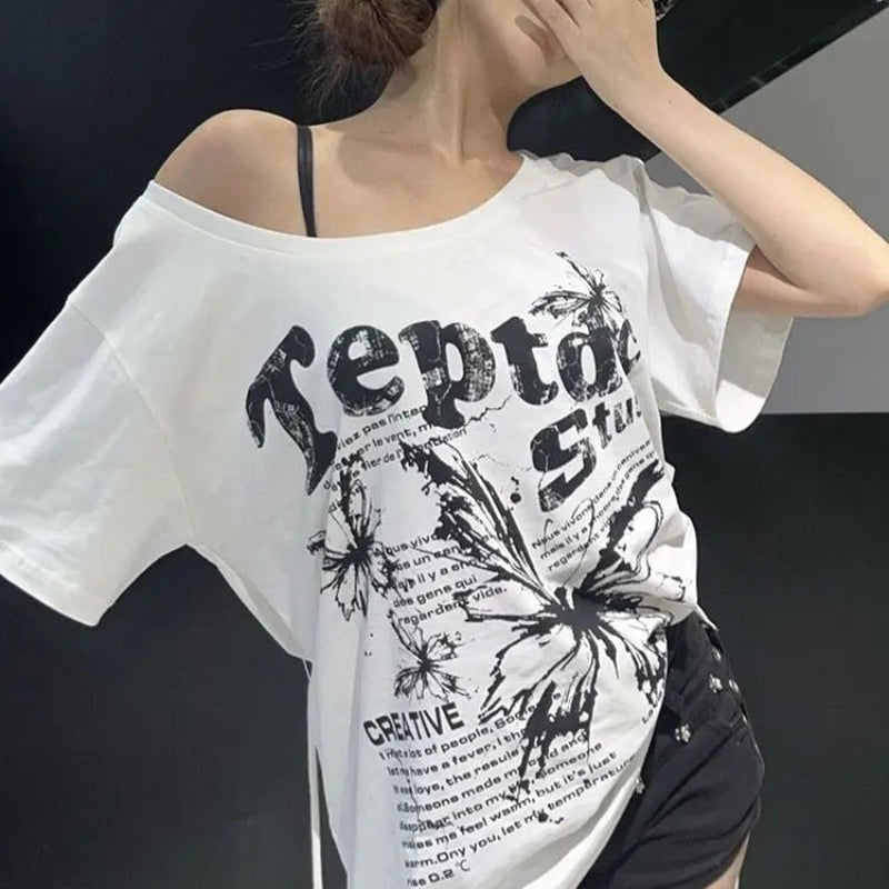 White Y2K Vintage Oversize Butterly Graphic Off Shoulder Top