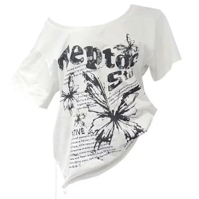 White Y2K Vintage Oversize Butterly Graphic Off Shoulder Top