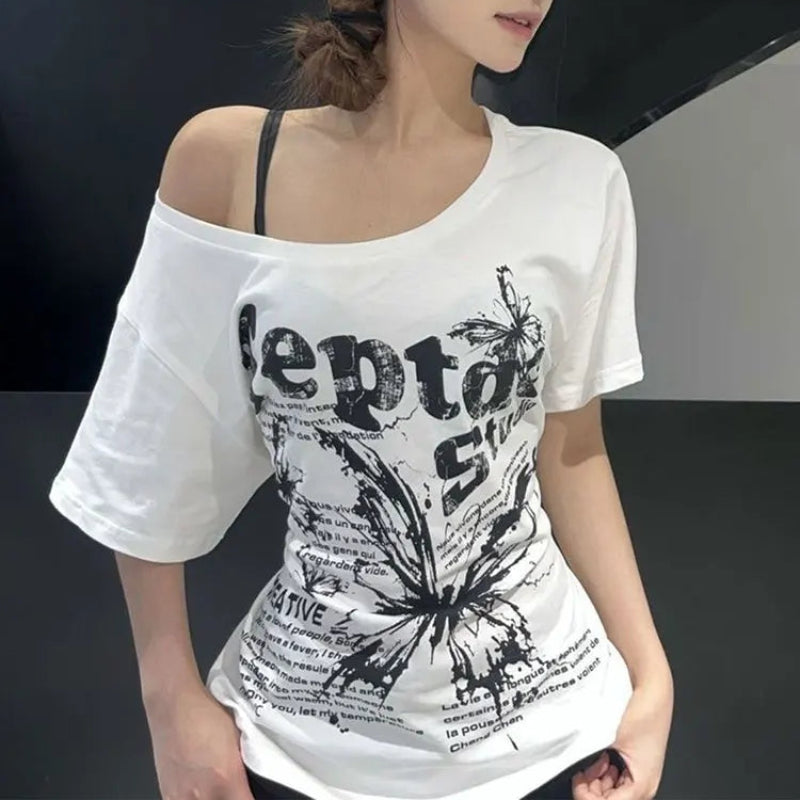 White Y2K Vintage Oversize Butterly Graphic Off Shoulder Top
